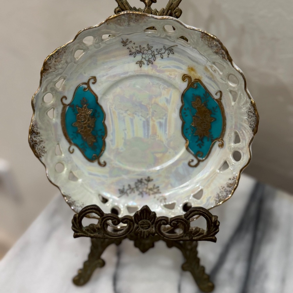 Vintage Lusterware Reticulated Saucer Gold Gilt Turquoise Floral Porcelain Plate